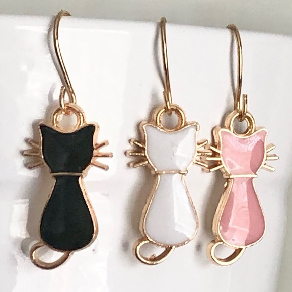 New Kitten Cat Dangle Drop Earrings Cute Pet Gift Cartoon Anime Kitty Rose Pink - Picture 3 of 6